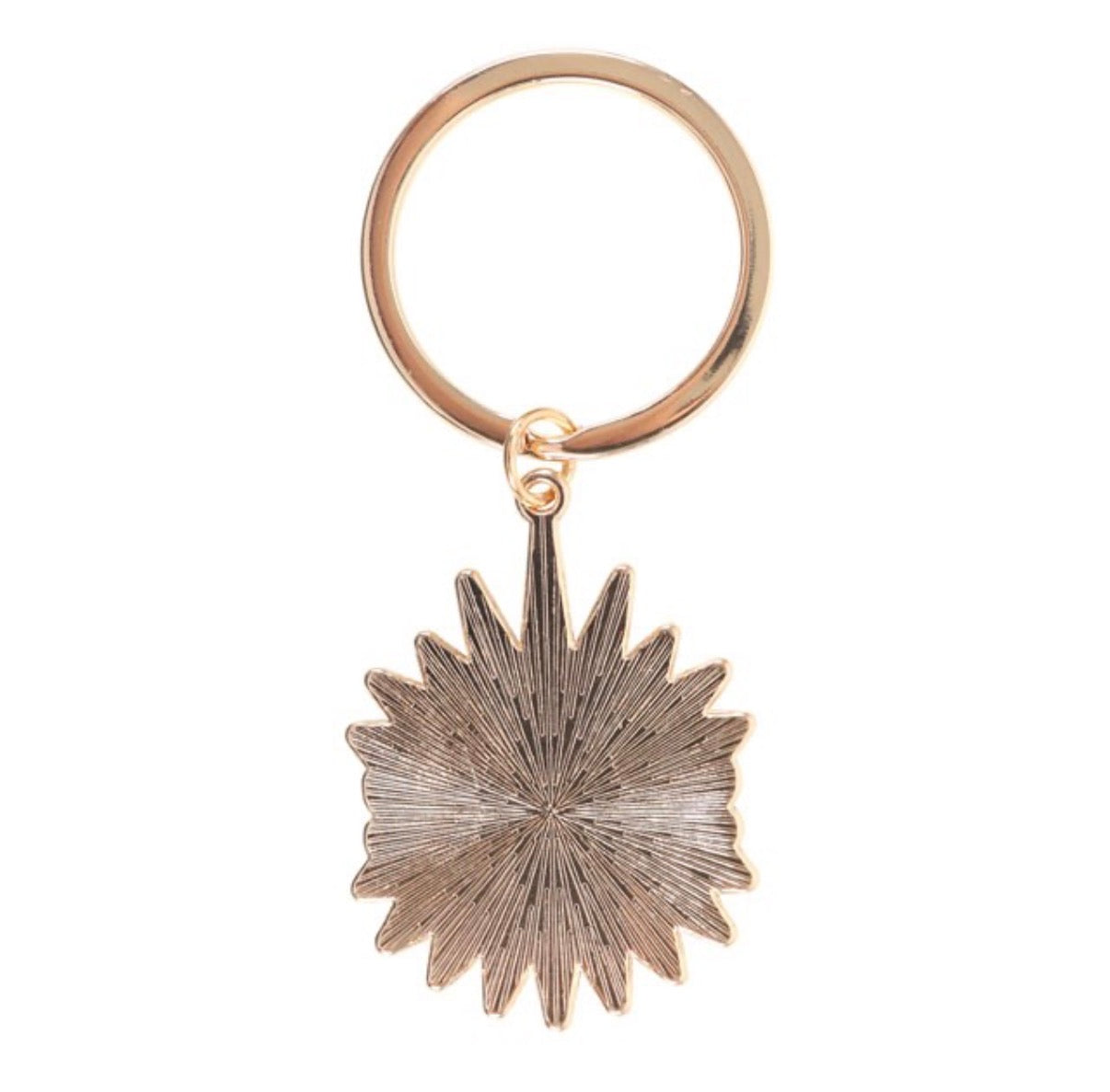 All Seeing Eye Enamel Keyring - gold starburst reverse charm on white background