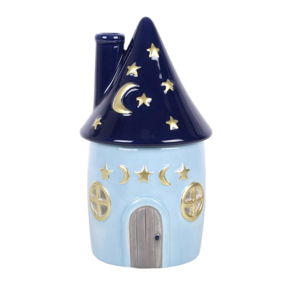 Celestial Cottage Ceramic Oil Burner front view white background showing gold moon and star embellishments