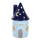 Celestial Cottage Ceramic Oil Burner front view white background showing gold moon and star embellishments