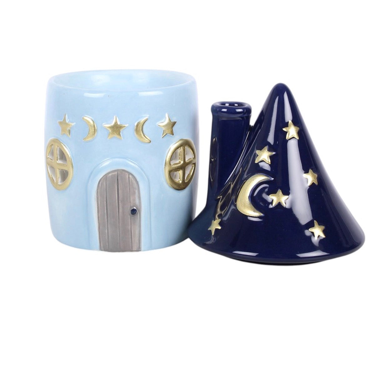 Celestial Cottage Ceramic Oil Burner with roof removed showing open top white background