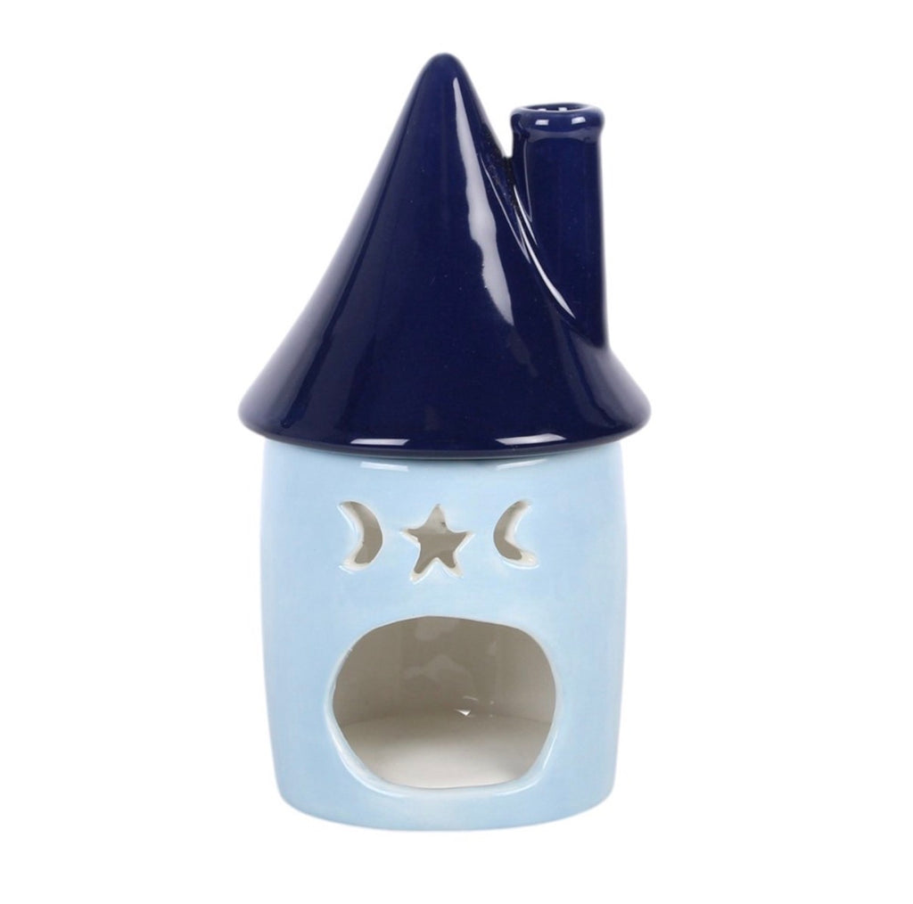 Celestial Cottage Ceramic Oil Burner reverse view showing large oval tealight opening and triple moon cut-outs white background