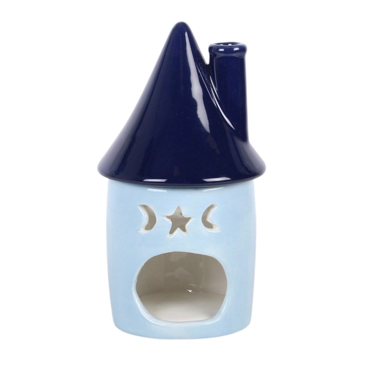 Celestial Cottage Ceramic Oil Burner reverse view showing large oval tealight opening and triple moon cut-outs white background
