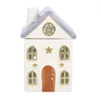 Stone Cottage Ceramic Oil Burner front view white background showing gold pentagram and arched windows