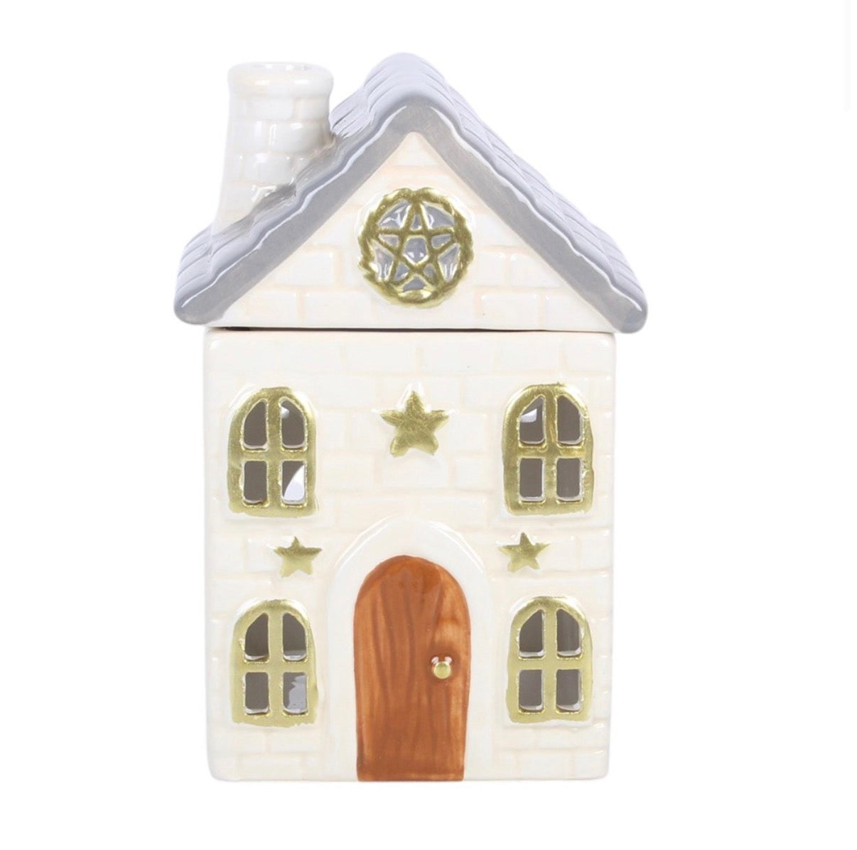 Stone Cottage Ceramic Oil Burner front view white background showing gold pentagram and arched windows