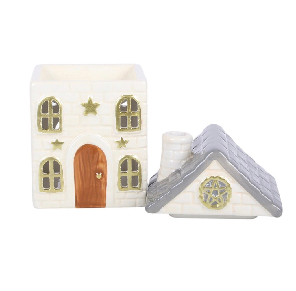 Stone Cottage Ceramic Oil Burner with roof removed showing open top white background