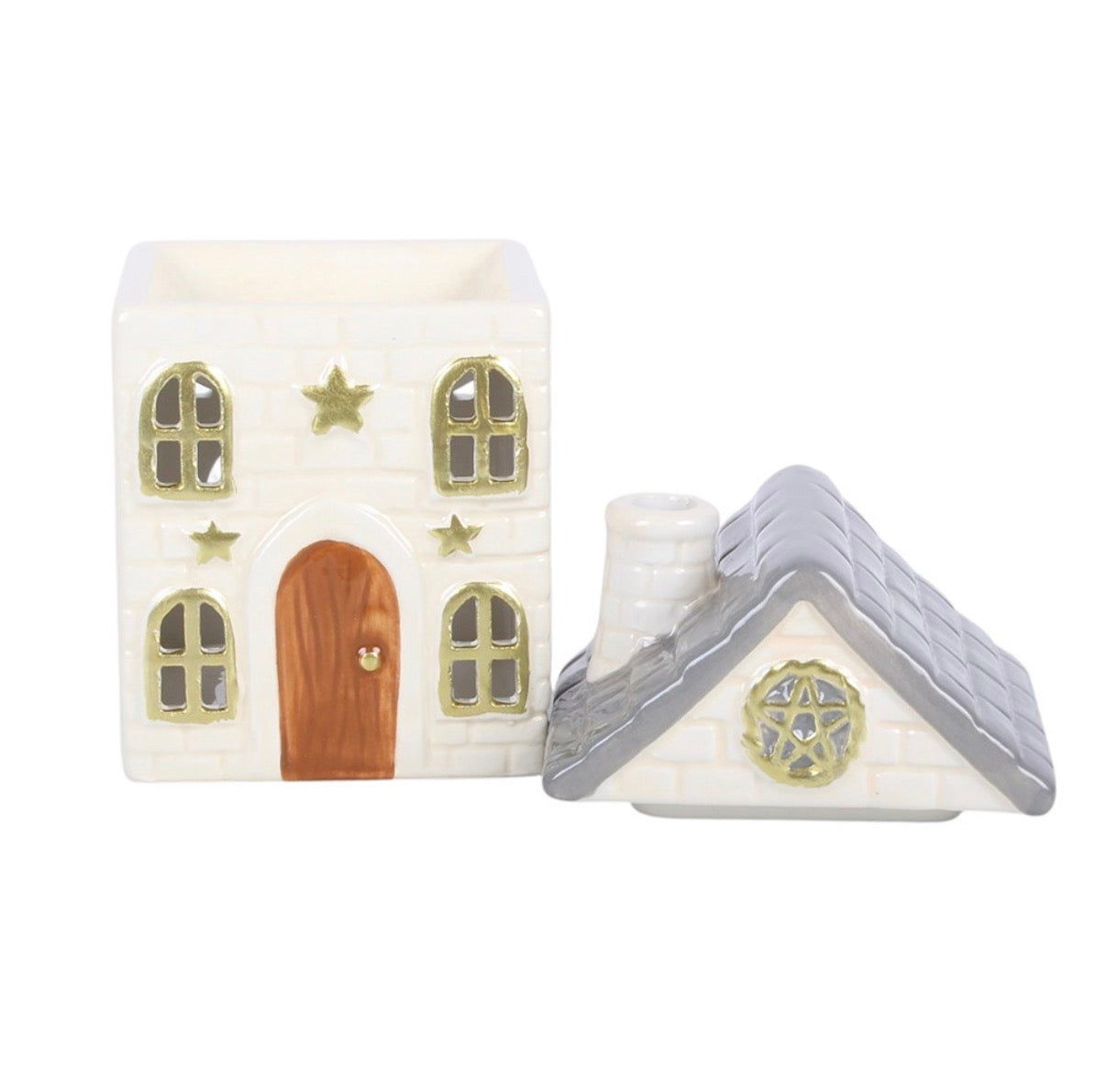 Stone Cottage Ceramic Oil Burner with roof removed showing open top white background