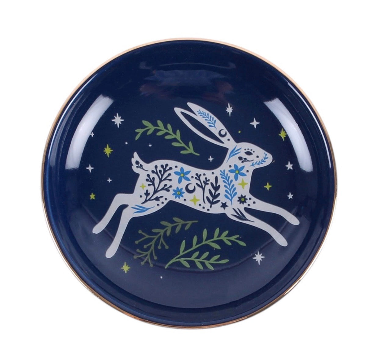 Leaping Hare Ceramic Trinket Dish top view white background showing full folk art hare design