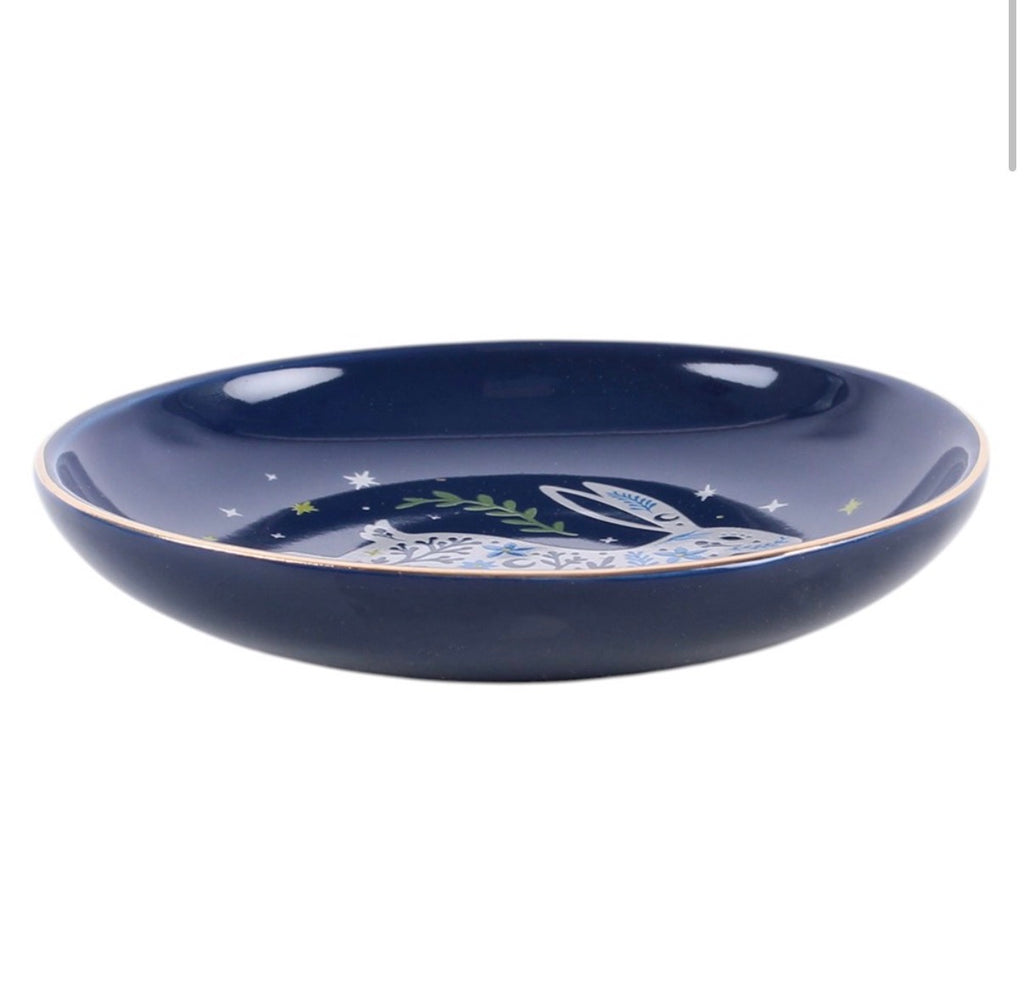 Leaping Hare Ceramic Trinket Dish side view white background showing depth and gold rim