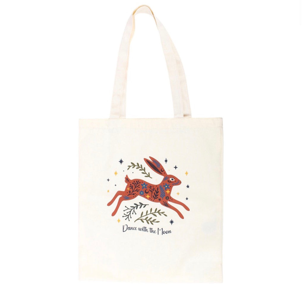 Dance with the Moon Jumping Hare Tote Bag front view white background showing full hare print