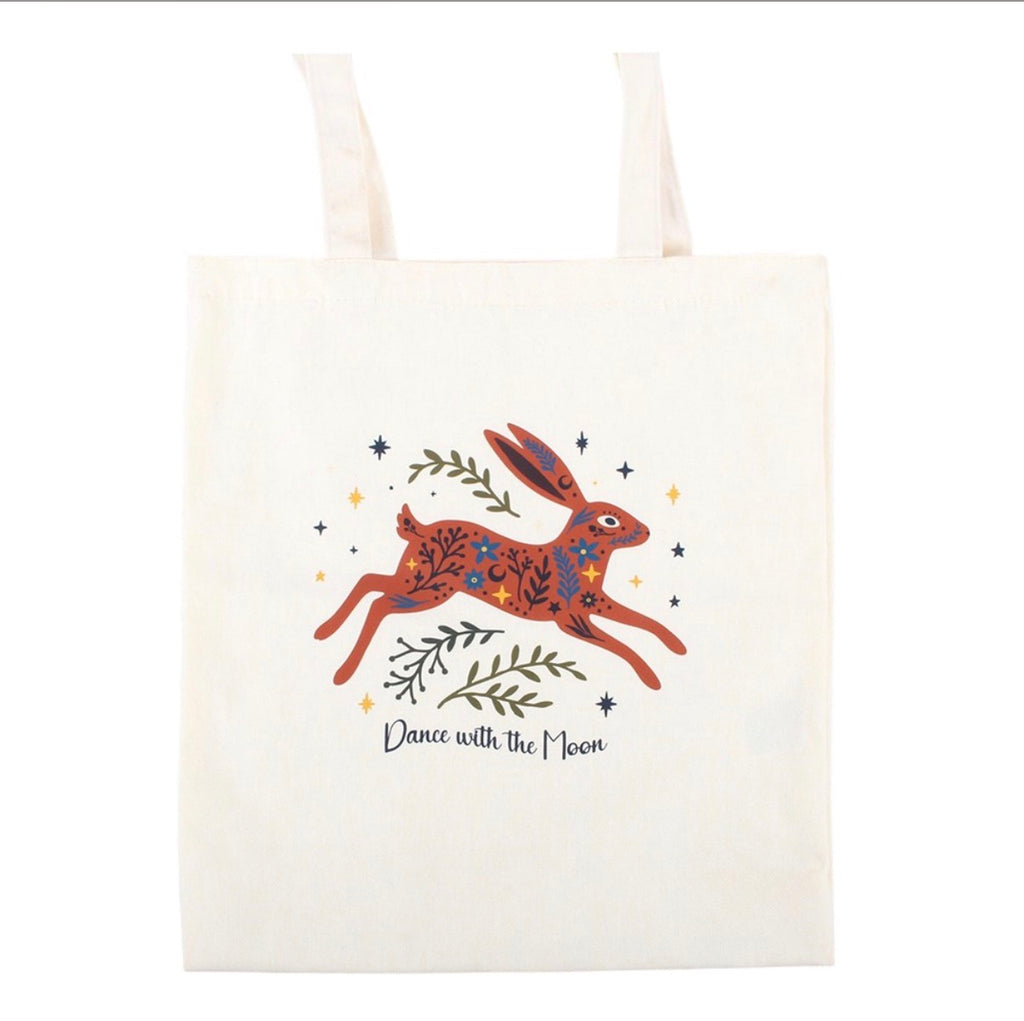 Dance with the Moon Jumping Hare Tote Bag angled view white background showing hare and Dance with the Moon script