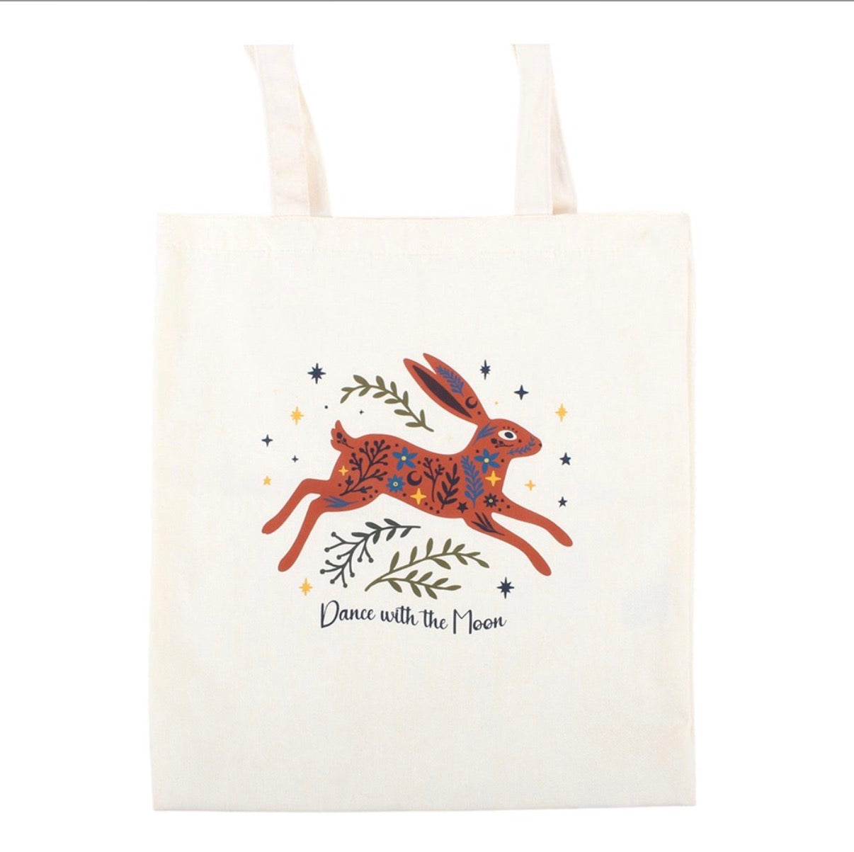 Dance with the Moon Jumping Hare Tote Bag angled view white background showing hare and Dance with the Moon script