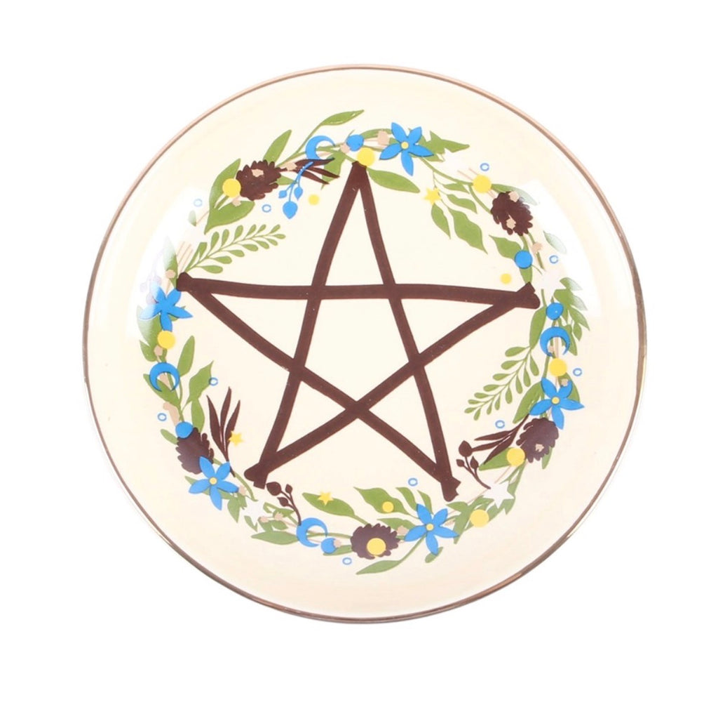 Solstice Wreath Trinket Dish top view white background showing pentagram and floral wreath design
