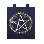 Solstice Wreath Tote Bag close up of pentagram and floral wreath print detail