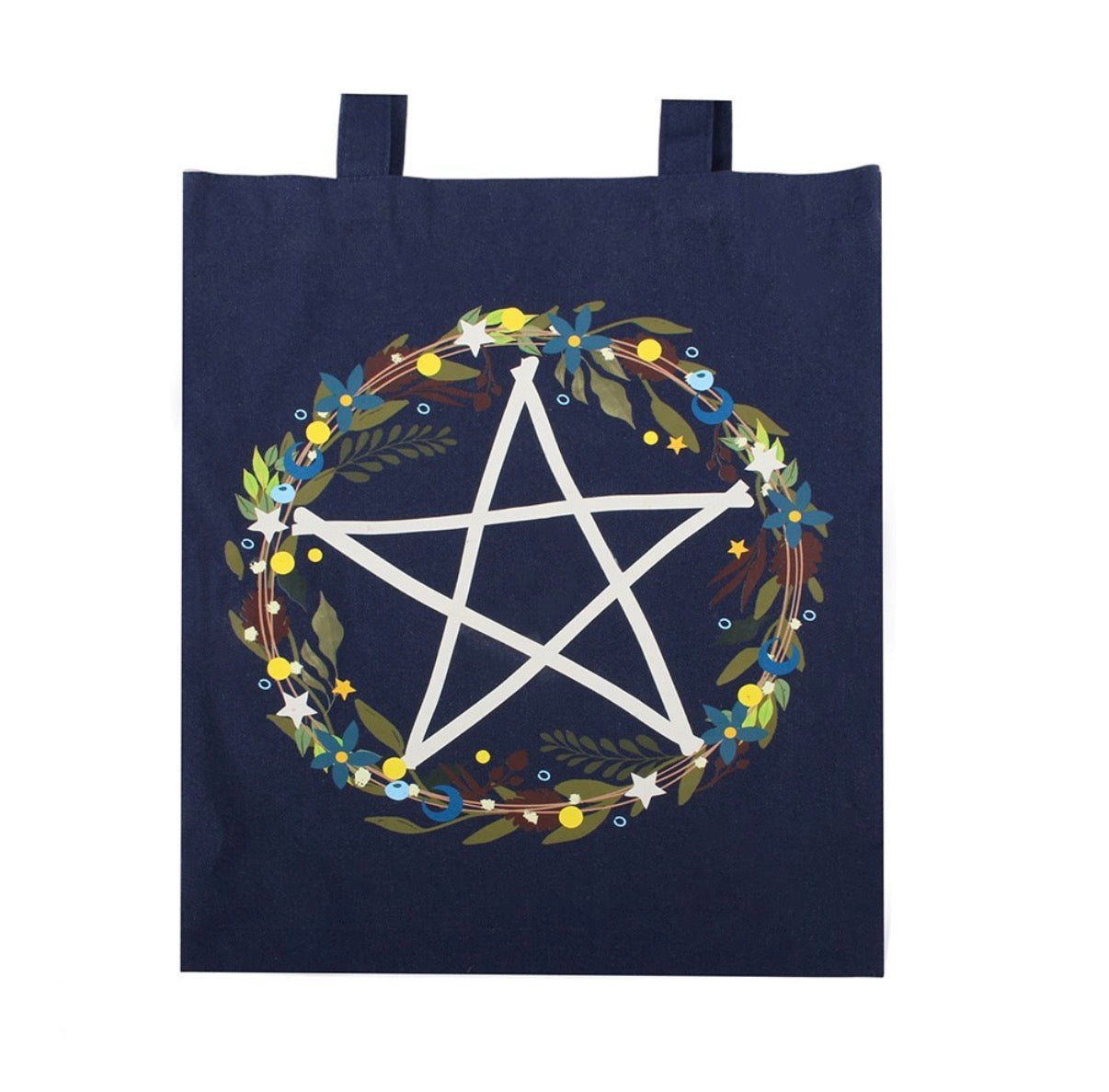 Solstice Wreath Tote Bag close up of pentagram and floral wreath print detail