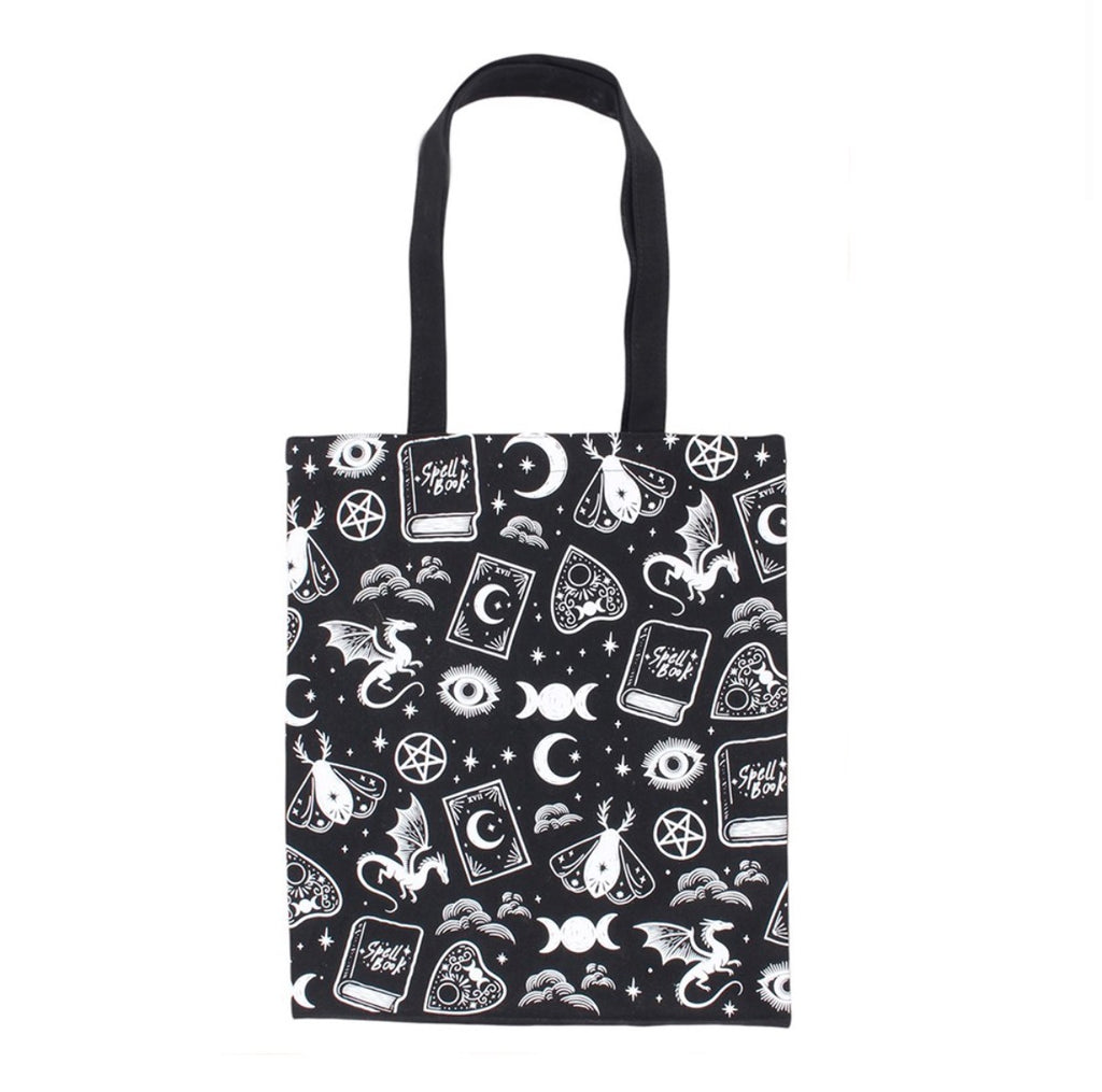 Witchy Icons Tote Bag front view white background showing full all-over witchy print