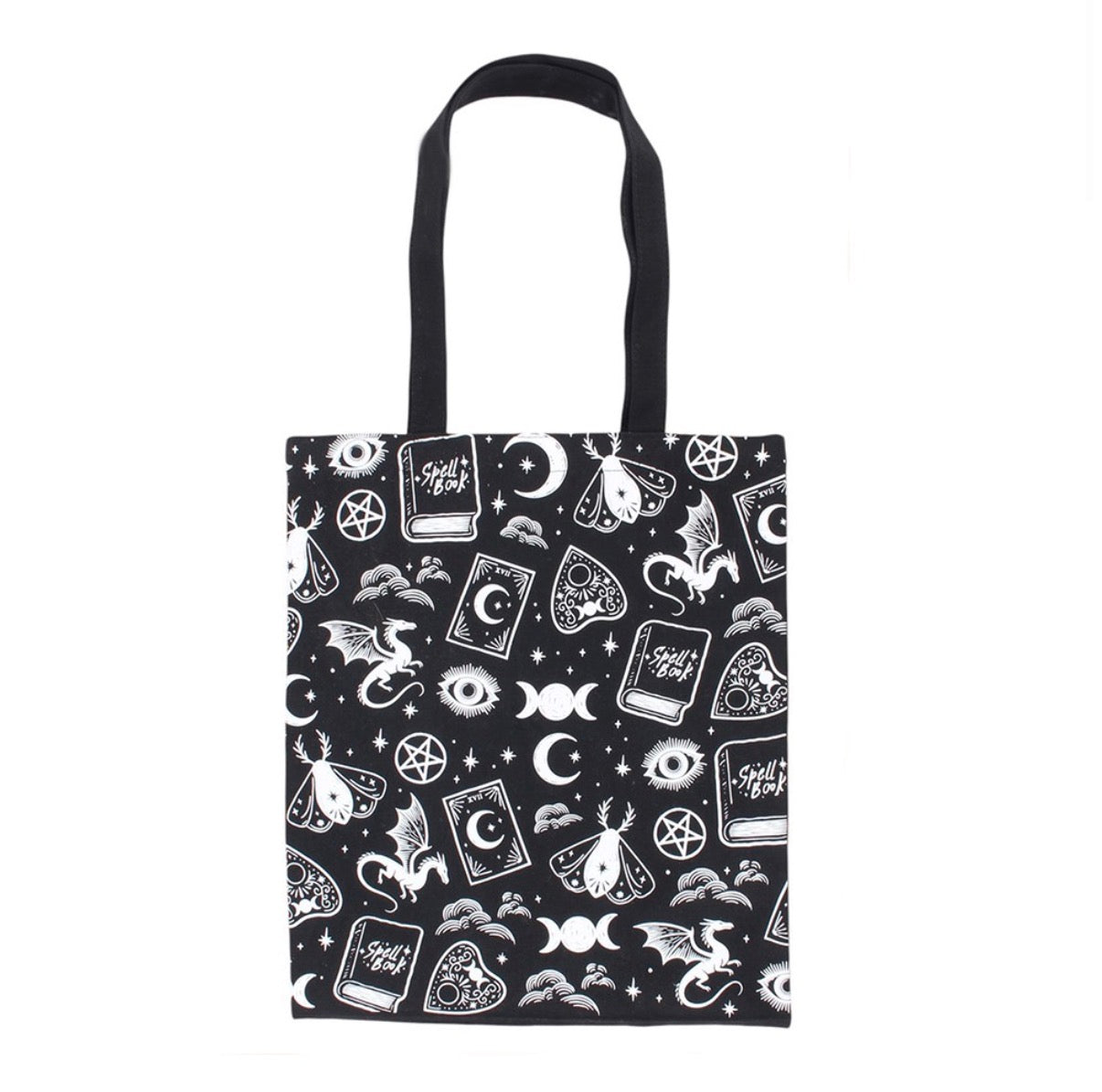 Witchy Icons Tote Bag front view white background showing full all-over witchy print