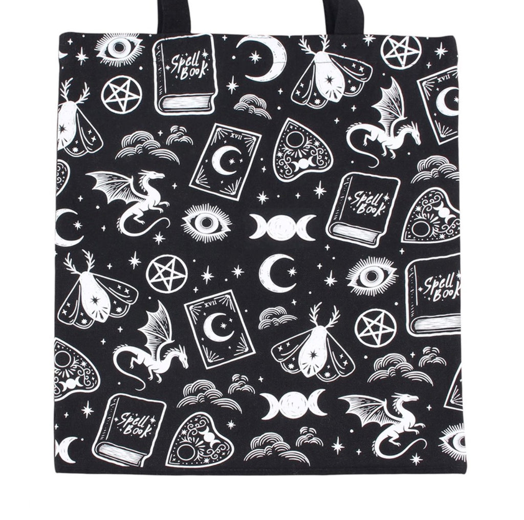 Witchy Icons Tote Bag close up of all-over print showing spell books dragons and moths