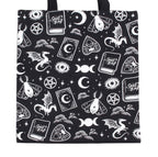 Witchy Icons Tote Bag close up of all-over print showing spell books dragons and moths