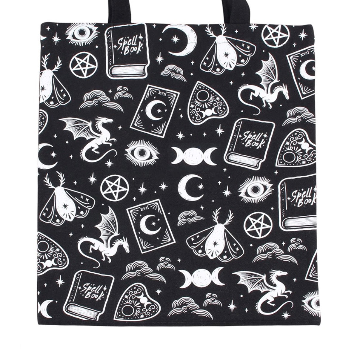 Witchy Icons Tote Bag close up of all-over print showing spell books dragons and moths