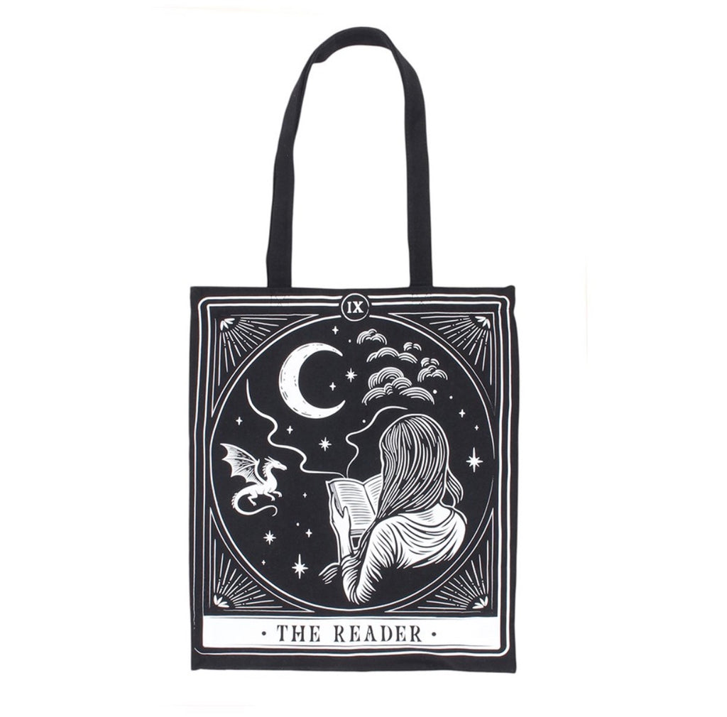 The Reader Tarot Tote Bag front view white background showing full tarot print