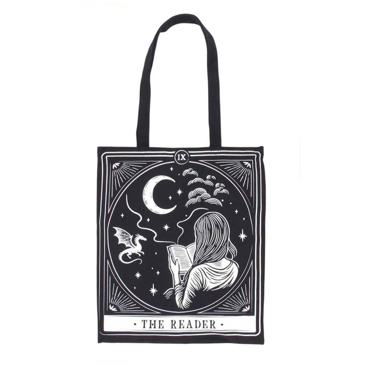 The Reader Tarot Tote Bag front view white background showing full tarot print