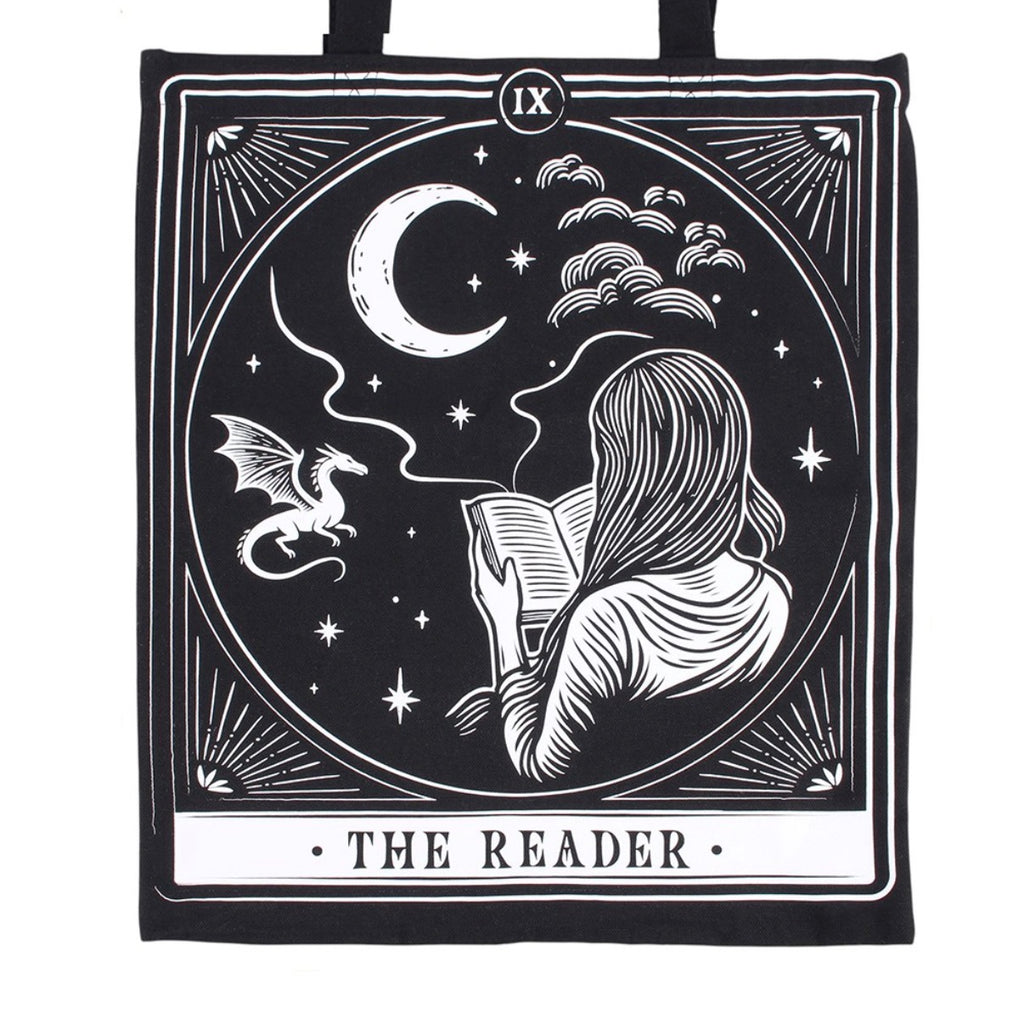 The Reader Tarot Tote Bag close up of tarot card print showing dragon and moon