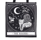 The Reader Tarot Tote Bag close up of tarot card print showing dragon and moon