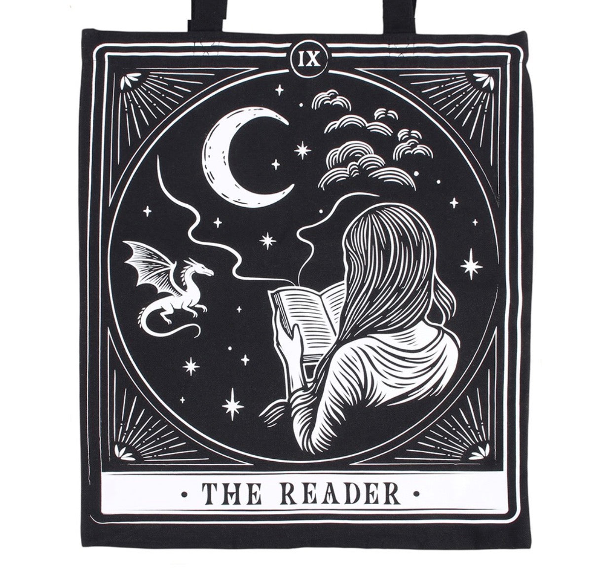 The Reader Tarot Tote Bag close up of tarot card print showing dragon and moon