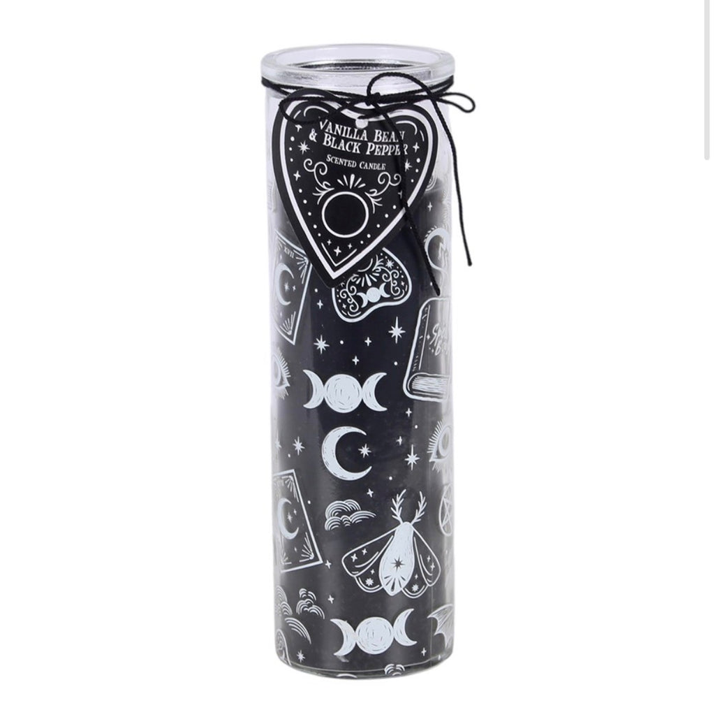 Spellbound Secrets Vanilla Bean and Black Pepper Scented Candle white background with planchette gift tag