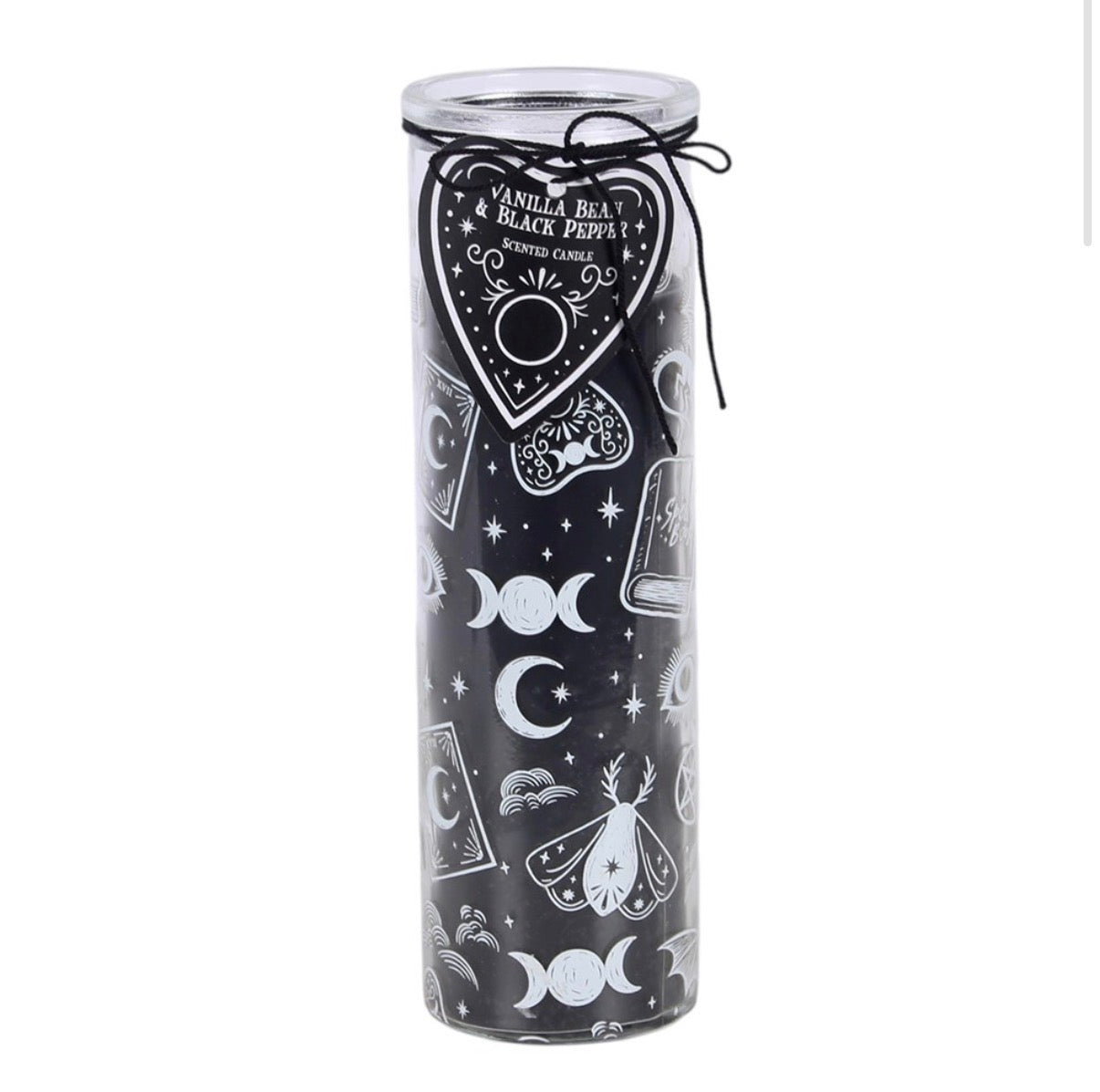 Spellbound Secrets Vanilla Bean and Black Pepper Scented Candle white background with planchette gift tag