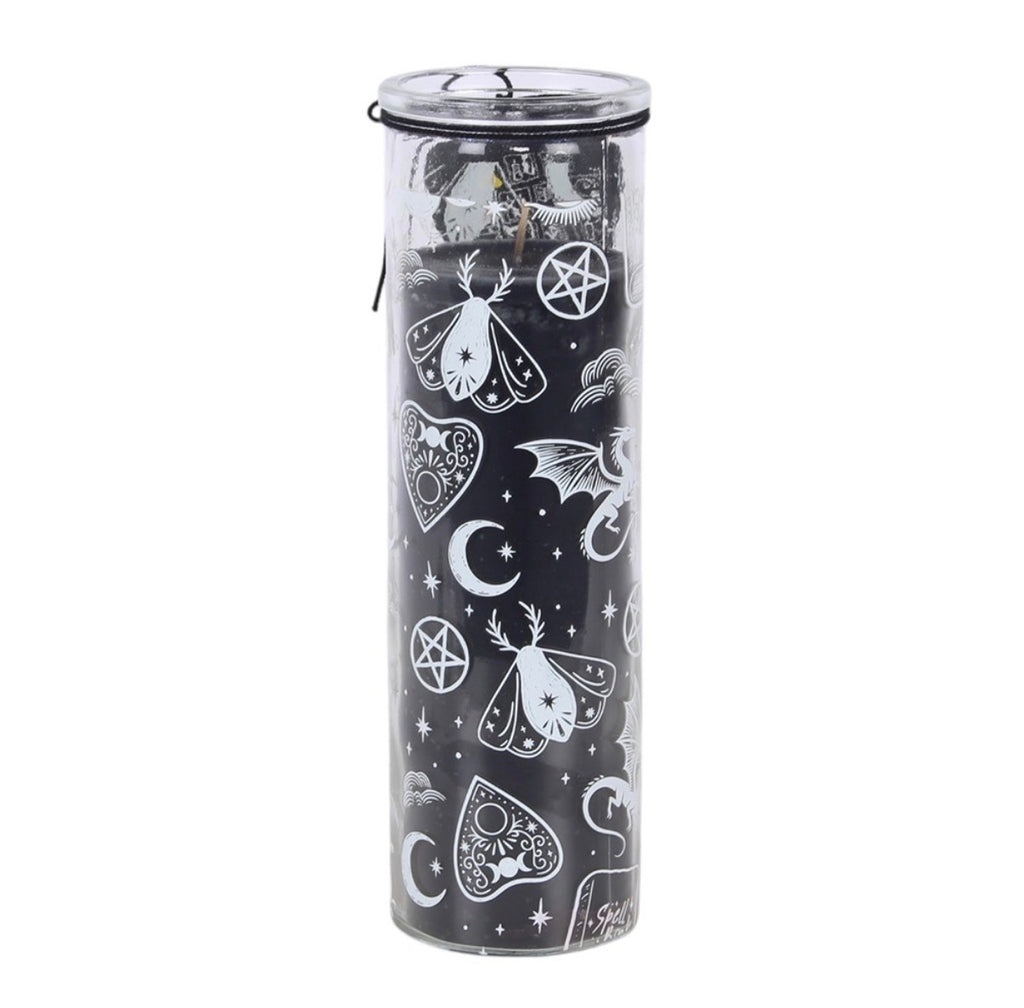 Spellbound Secrets Vanilla Bean and Black Pepper Scented Candle white background showing moth and pentagram illustrations