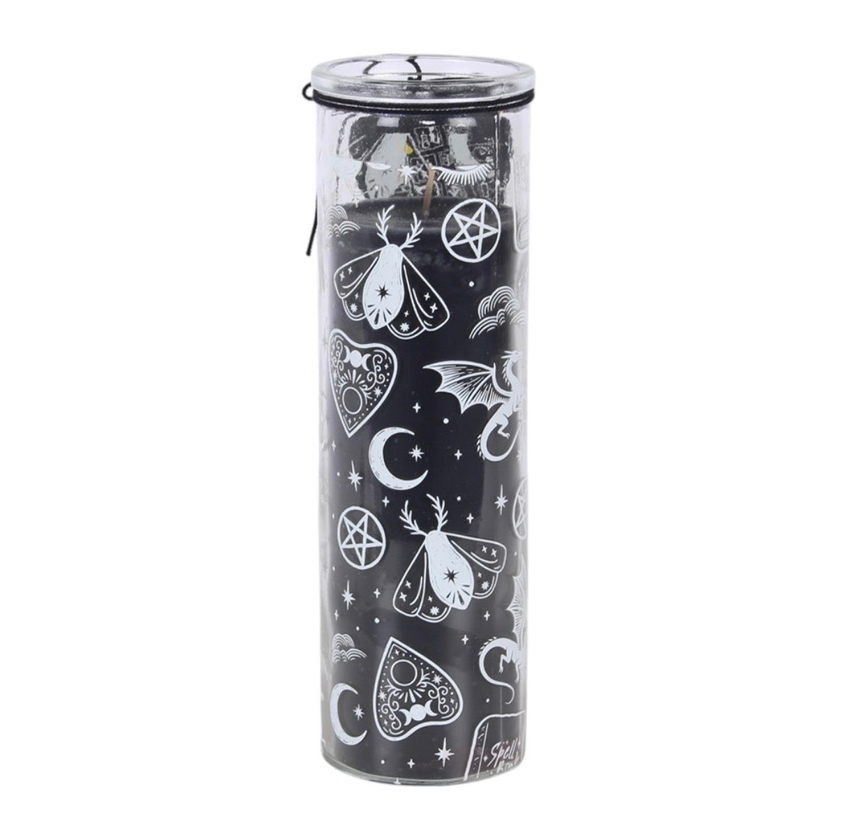 Spellbound Secrets Vanilla Bean and Black Pepper Scented Candle white background showing moth and pentagram illustrations