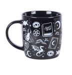 Spellbound Secrets Ceramic Mug side view white background showing witchy illustrations