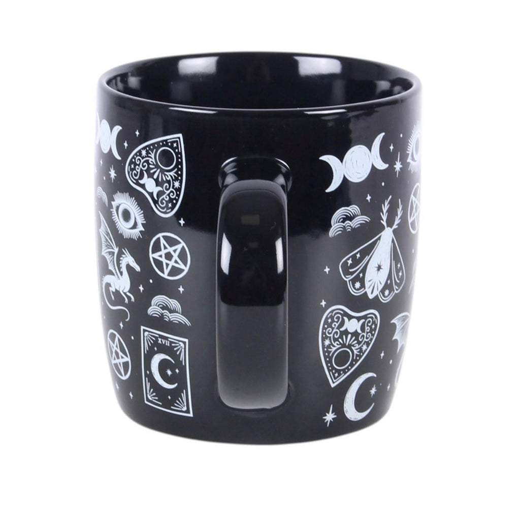 Spellbound Secrets Ceramic Mug back view white background showing planchette and dragon