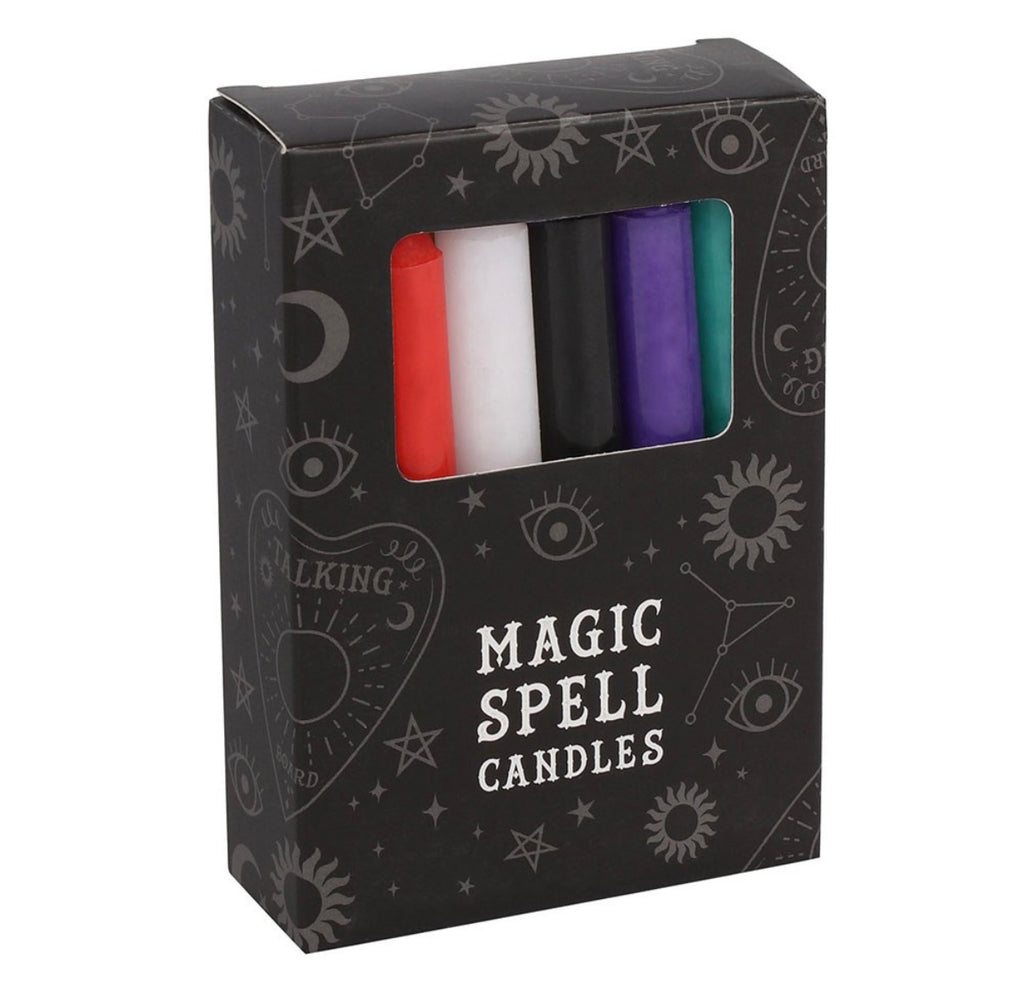 Magic Spell Candles by Spirit of Equinox - box front angle showing mixed colour candles