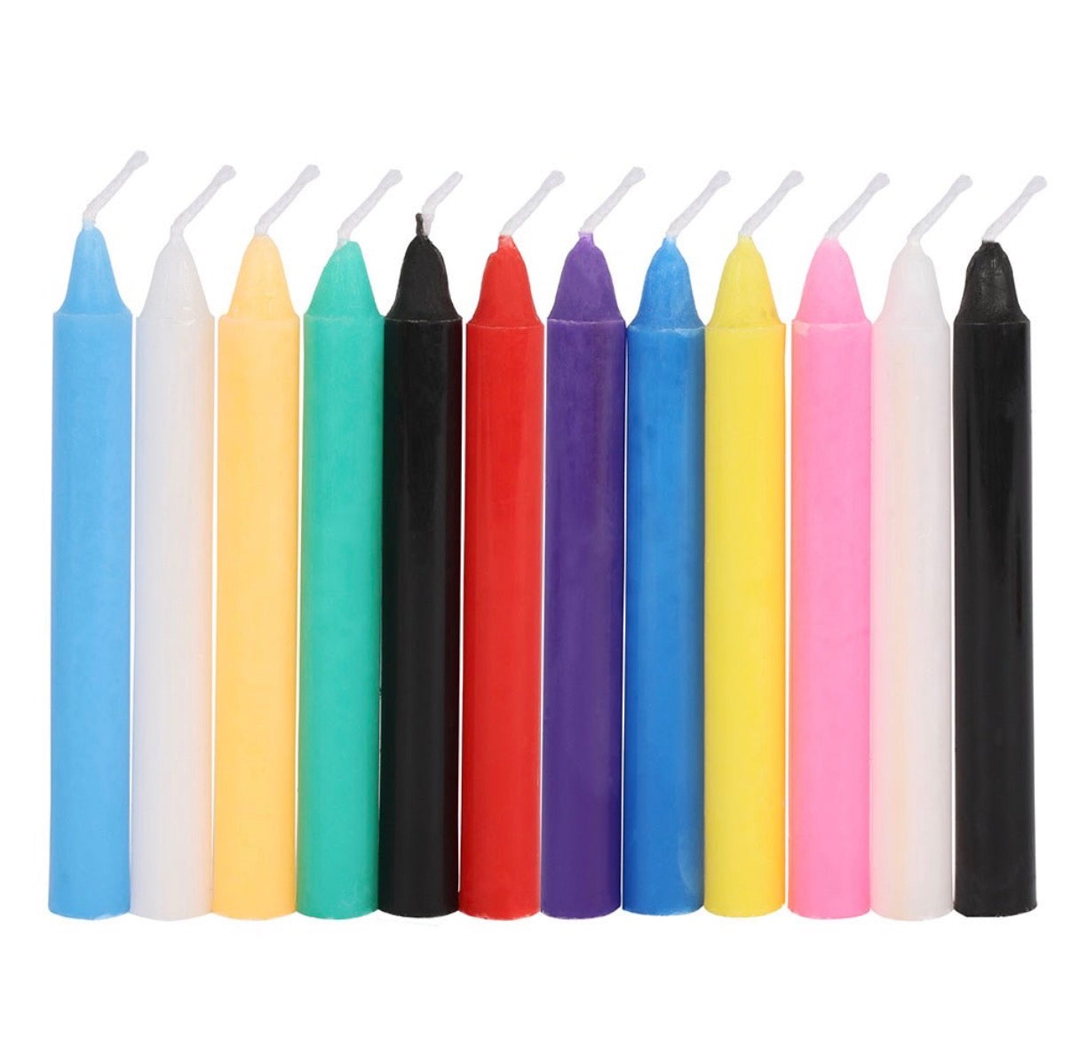 Magic Spell Candles by Spirit of Equinox - 12 assorted colour candles laid out white background