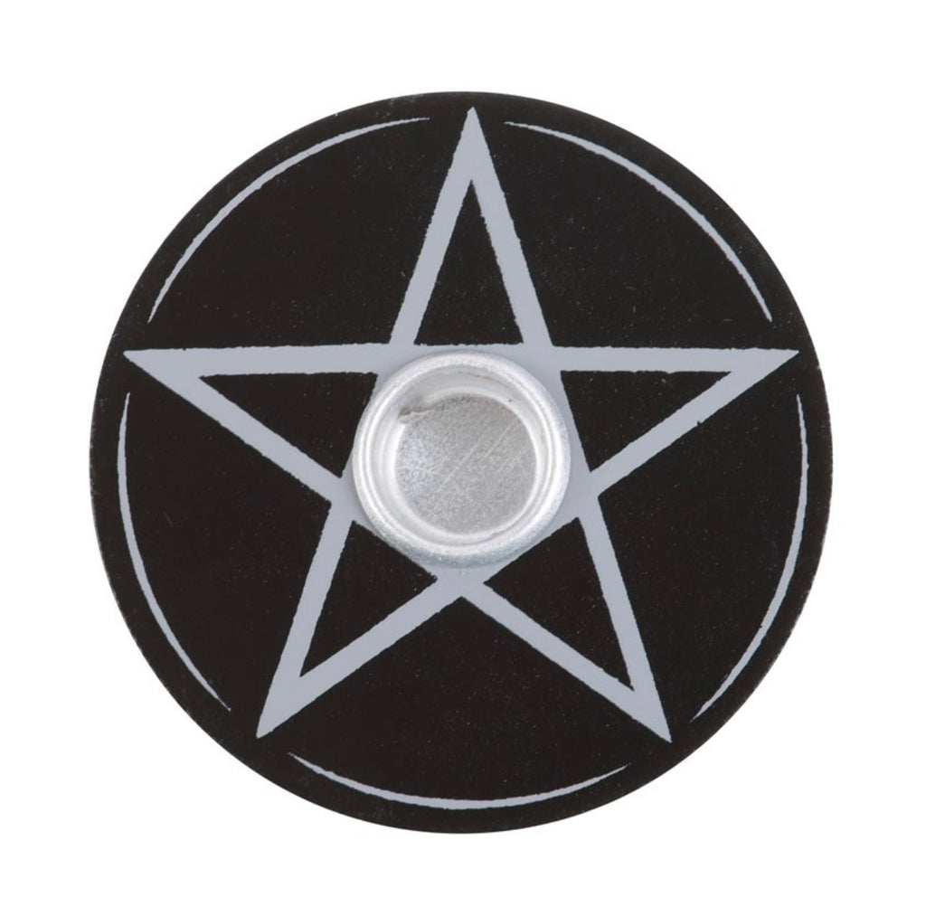 Pentagram Spell Candle Holder top view showing silver pentagram engraving and metal insert white background