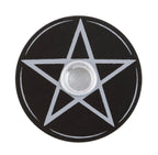 Pentagram Spell Candle Holder top view showing silver pentagram engraving and metal insert white background