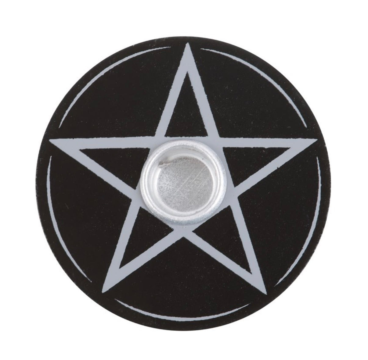 Pentagram Spell Candle Holder top view showing silver pentagram engraving and metal insert white background
