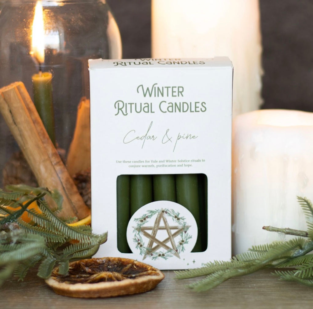 Winter Ritual Candles Cedar and Pine - lifestyle shot with Yule altar styling
