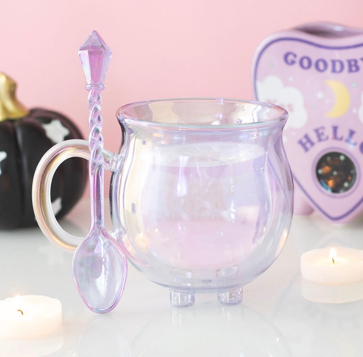 Double Walled Glass Cauldron Mug and Spoon - lifestyle styled shot with candles and ouija board