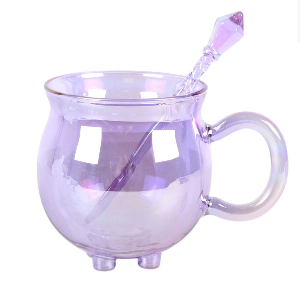 Double Walled Glass Cauldron Mug and Spoon - front white background with spoon inside