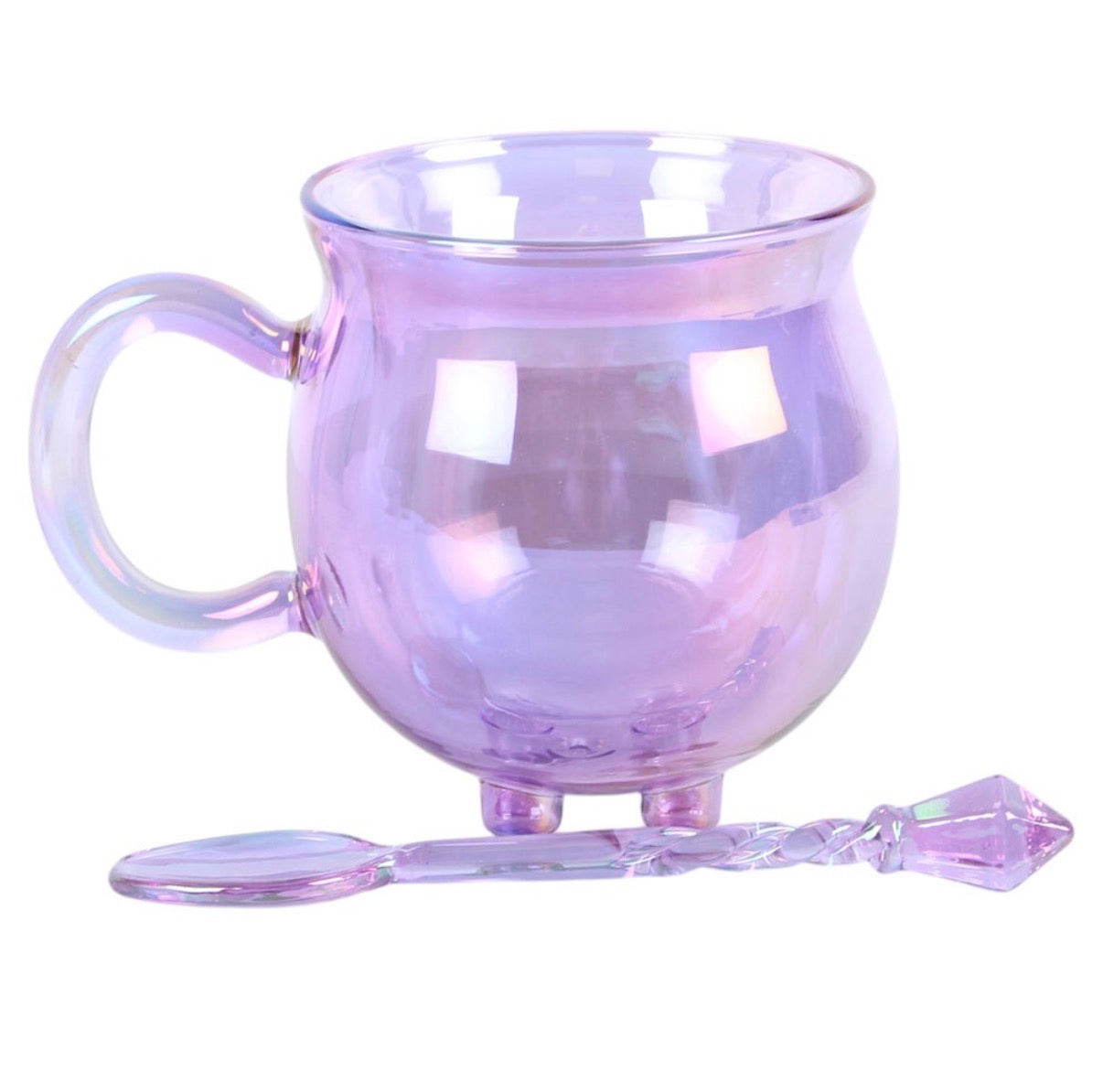 Double Walled Glass Cauldron Mug and Spoon - front white background with spoon beside