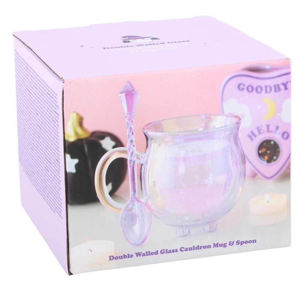Double Walled Glass Cauldron Mug and Spoon - gift box packaging