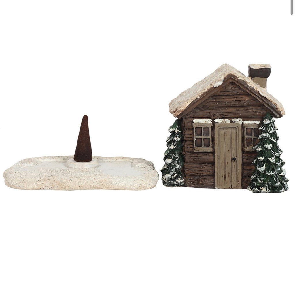 Smoking Log Cabin Incense Cone Burner - open showing base plate and incense cone
