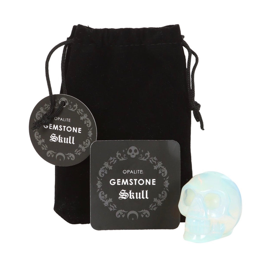 Opalite Gemstone Skull with black velvet pouch and info card white background