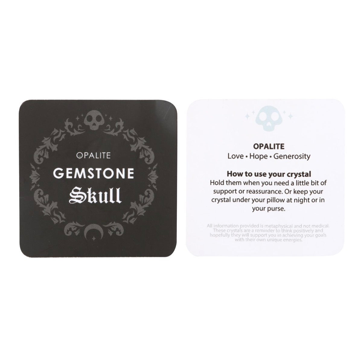 Opalite Gemstone Skull info card front and back
