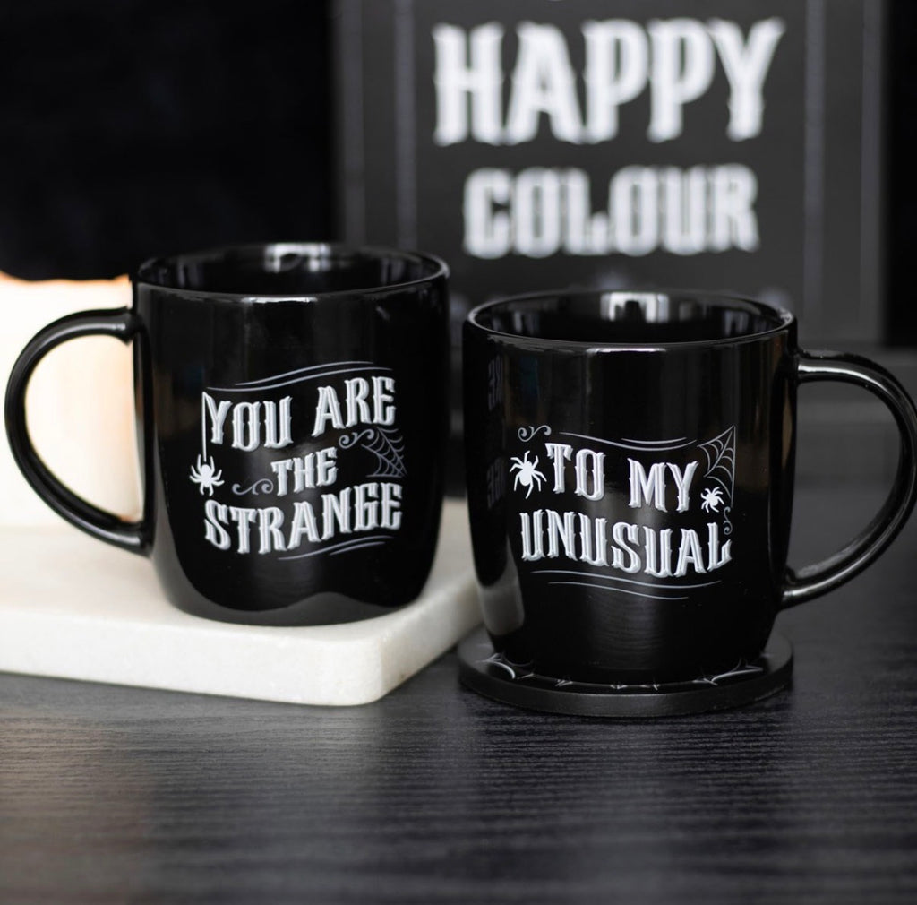 You Are The Strange To My Unusual Couples Mug Set - styled shot dark background