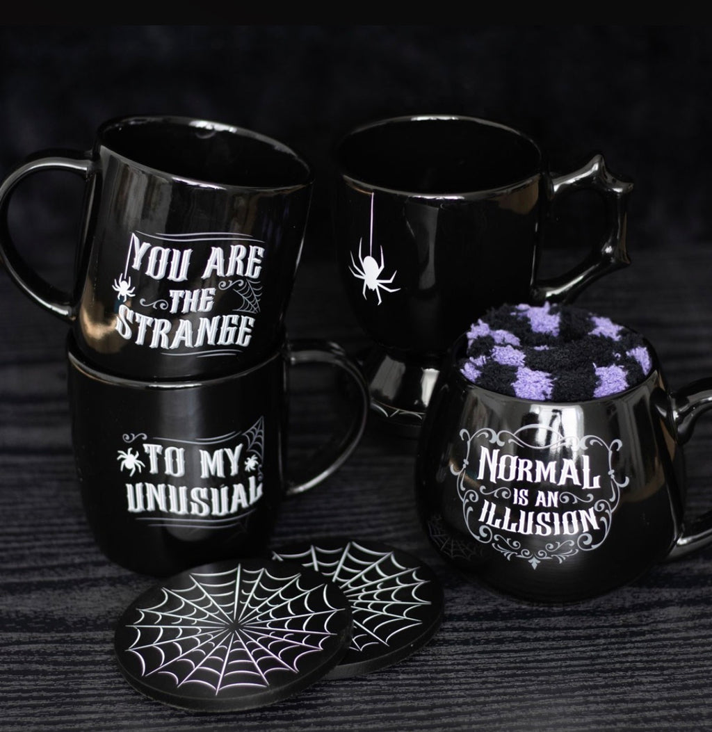 You Are The Strange To My Unusual Couples Mug Set - lifestyle shot with other gothic mugs and coasters
