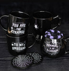 You Are The Strange To My Unusual Couples Mug Set - lifestyle shot with other gothic mugs and coasters